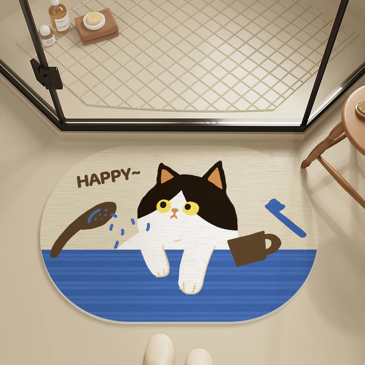 Cartoon bathroom door absorbent floor mat oval bathroom dry and wet separation foot pad diatom mud anti-skid foot pad