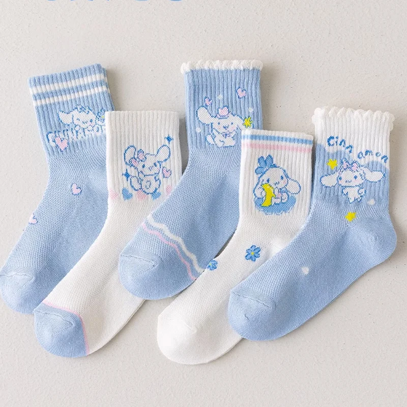 Sanrio Cinnamoroll-Calcetines de algodón para niña, medias de media pantorrilla con encaje fino, de dibujos animados, transpirables, 5 pares