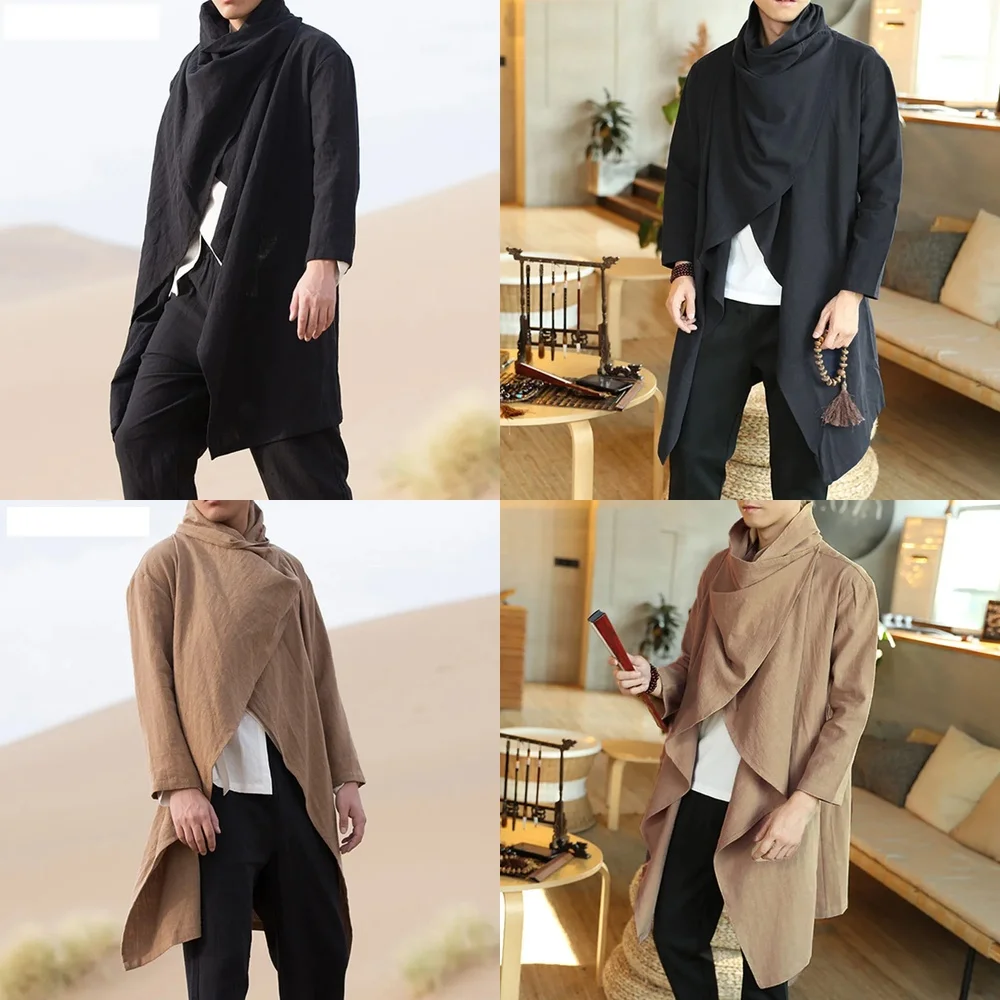 

Мужской хлопково-льняной плащ-накидка, длинный асимметричный плащ, осенне-зимнее новое пальто с длинными рукавами