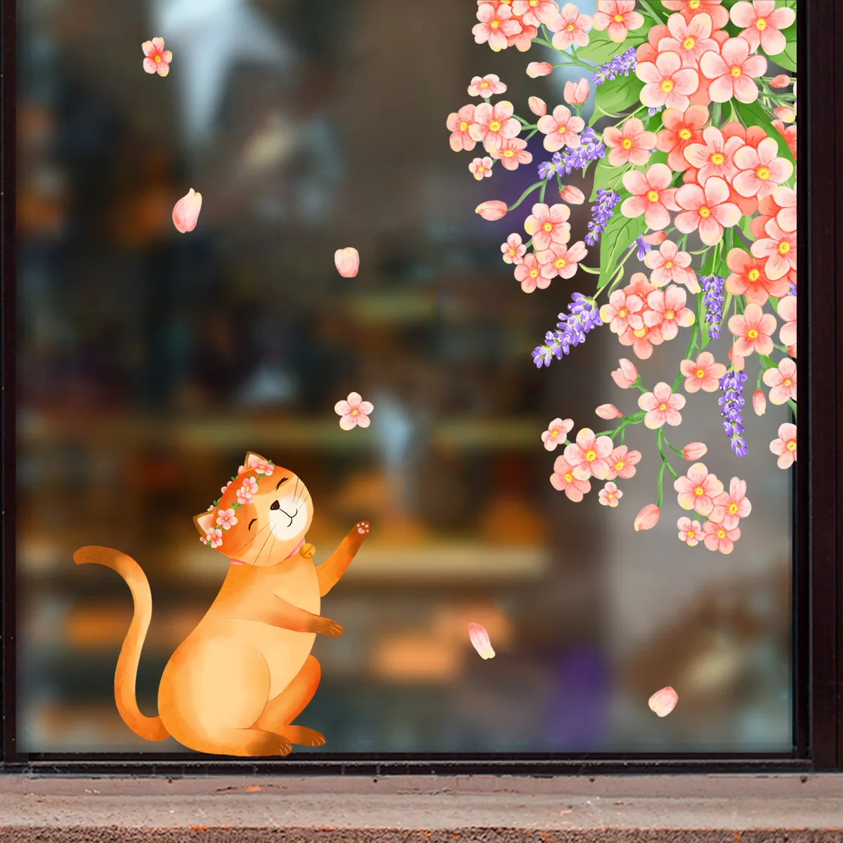 2pcs Plants Flowers Cartoon Animals Kitten Wall Stickers Living Room Bedroom Study Restaurant Window Decoration Wall Stickers