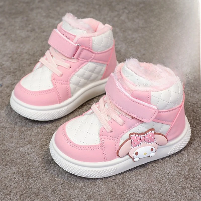 

Kids'Casual Shoes Sneakers PU Leather Cartoon Kuromi Winter Shoes For Girls Velcro Warm Anti-slip Pink Pruple Shoes Size 20-31