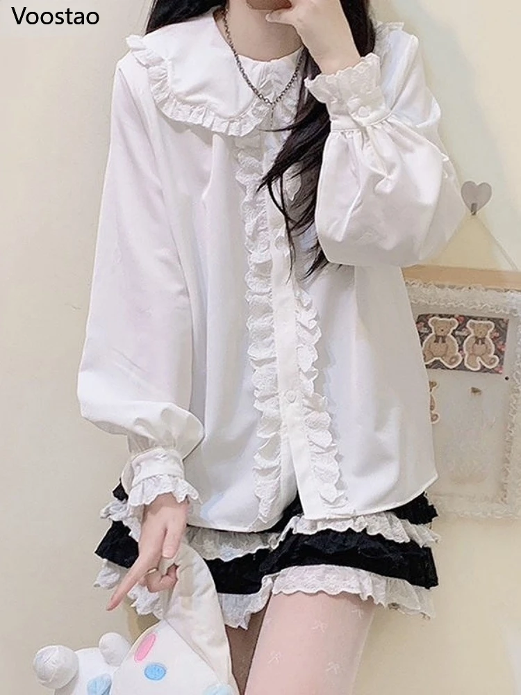 Sweet White Lolita Style Blouses Women Kawaii Rabbit Ears Peter Pan Collar Shirts Girly Cute Ruffles Patchwork Long Sleeve Tops