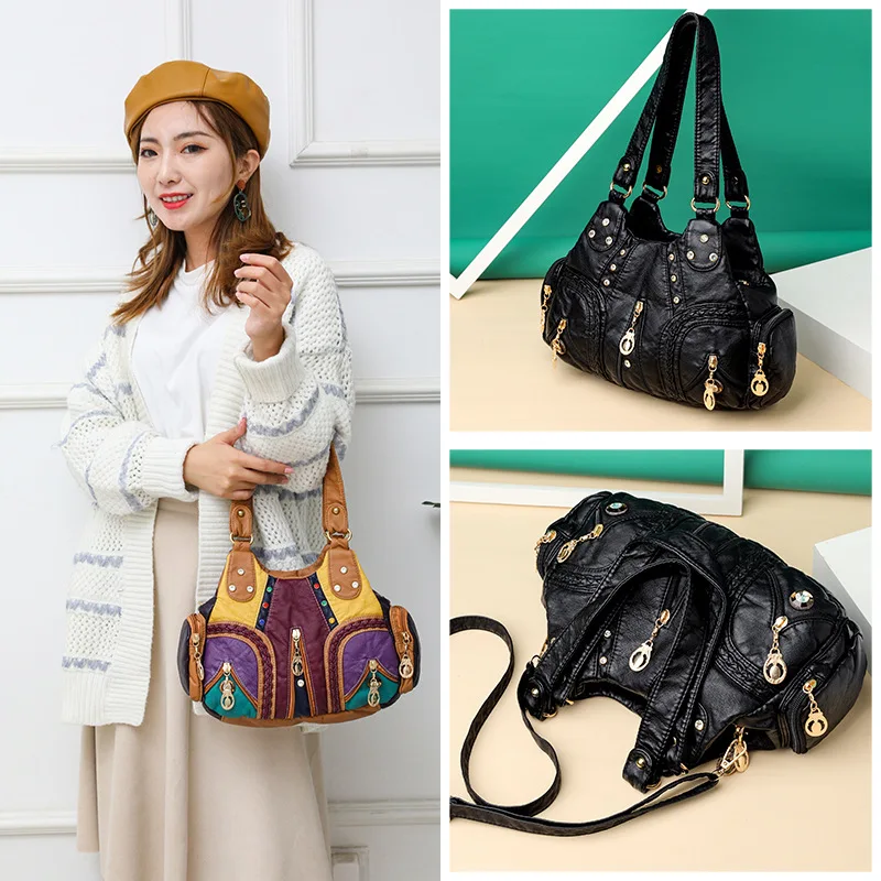 

Fashion Soft Pu Leather Tote Bag Vintage Large Capacity Rivet Motorcycle Handbag Women Shoulder Bag Stitching Color Handle Bag