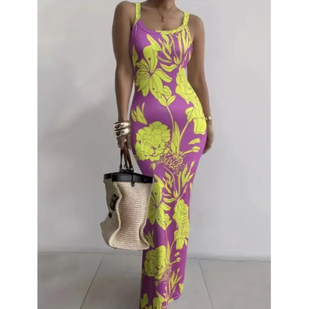 Gradient Printed Long Dress Summer New Women's Fashionable Printed Sexy Sleeveless Suspender Slim Fit Hip Hugging Long Dress - Image 3