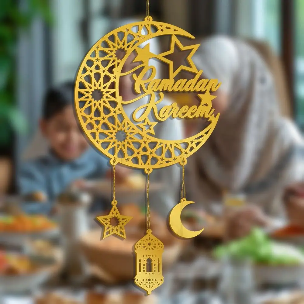 Acrylic Eid Mubarak Wall Pendant Golden Hanging Decoration Ramadan Kareem Door Sign Mirror Moon Star Drop Ornaments