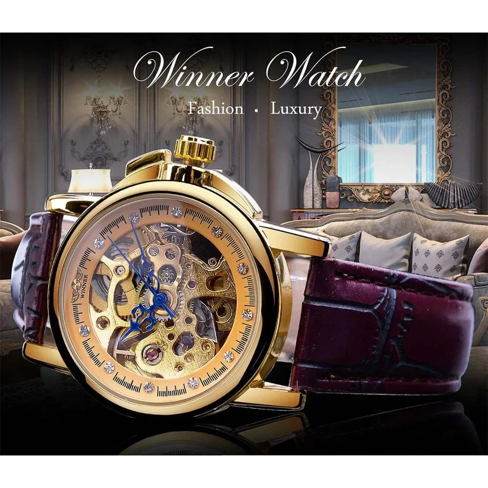 Fashion Winner Top Brand Retro Women's Diamond Inlaid Hollow Automatic Mechanical Leather With Exquisite Rhinestone Wrist Watch