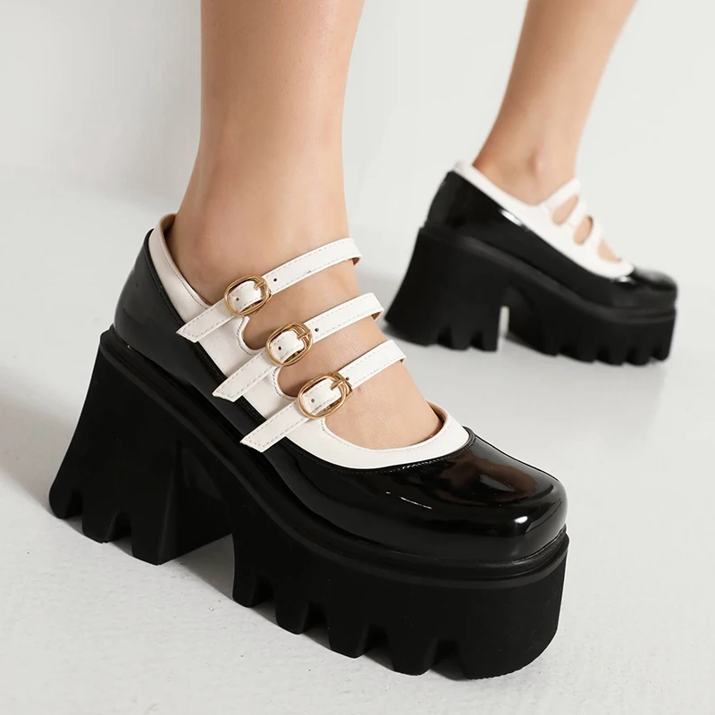 Three Rows Of Metal Belt Buckles And Ribbons Hollow Out High Rise Shoes Platform Bright Patent Leather Breathable Women Pumps