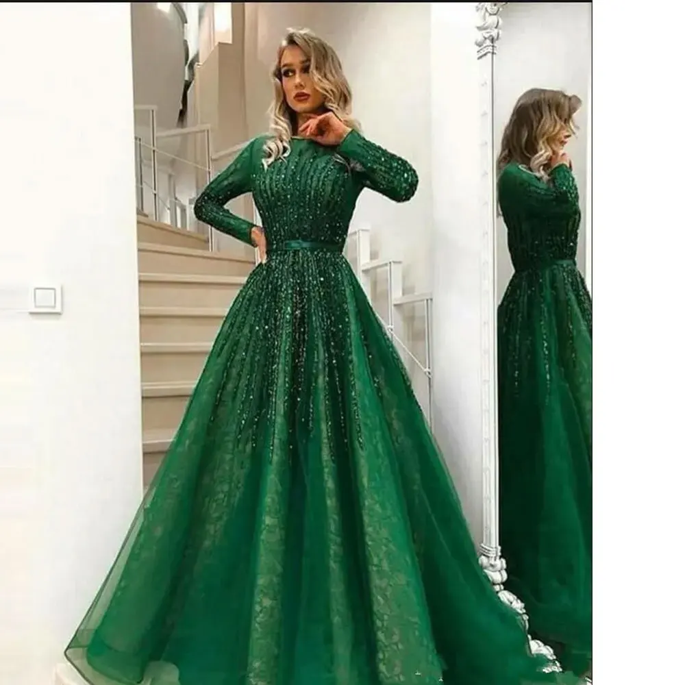 Muslim Dubai Sparkly Evening Dresses Women Emerald Green Beading Formal Party Gowns Long Sleeve Lace Tulle Second Reception Robe