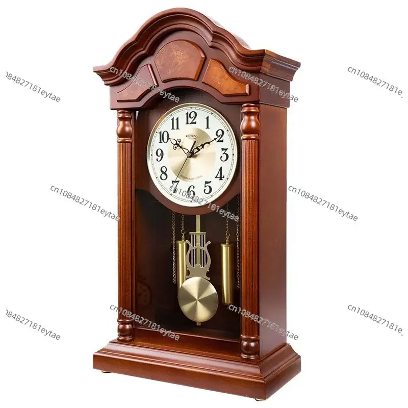 Solid wood clock on the hour pendulum clock, silent European retro large quartz clock in the living room