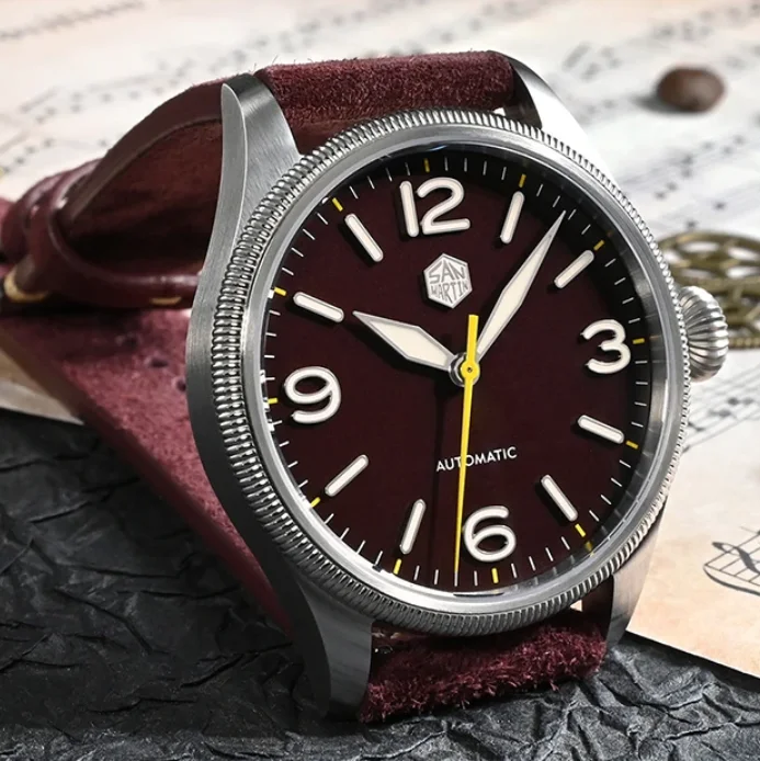 San Martin Men Automatic Watch 38.5mm Pilot Mechanical Wristwatch Top Hat Sapphire 100M Waterproof BGW-9 Luminous YN55