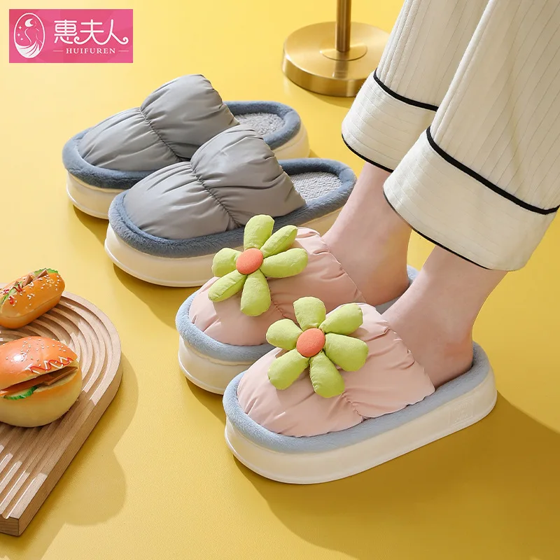 

female winter cotton slippers on shit feeling thick bottom waterproof non-slip warm indoor male wholesale cotton slippers