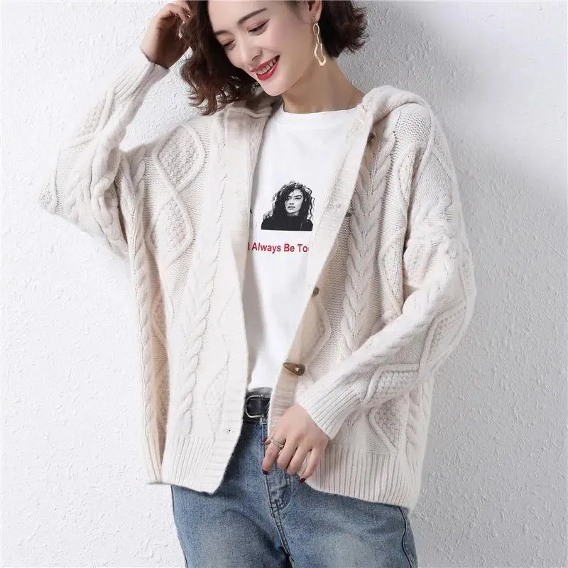 Hooded Knitting 2023 New Autumn Women Coat Diamond Horn Buckle Temperament Thicken Schoolgirl Women Winter Warm Cardigan Jacket