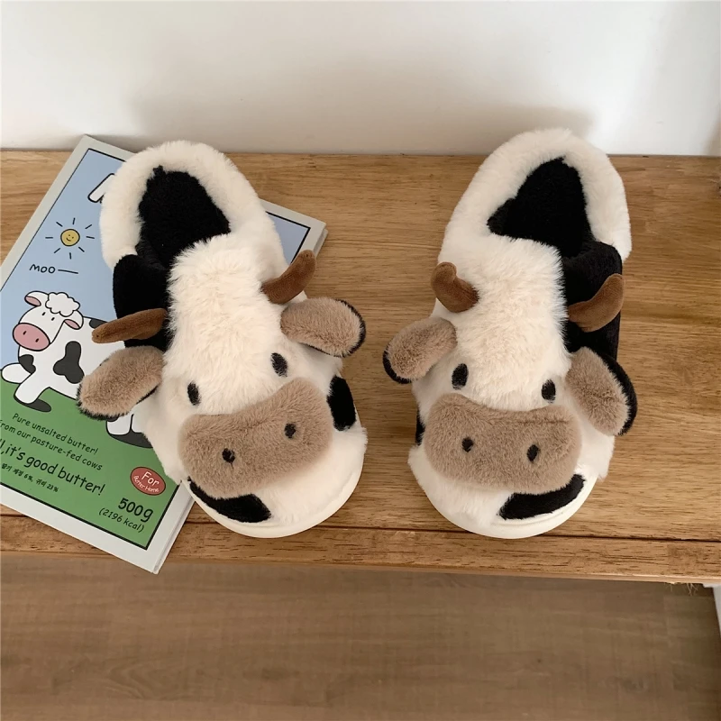 Winter Lovely Warm Milk Cow Slippers Women Indoor Cartoon Non-slip Plush Slides Men Casual Fashion Sandals Couple New Soft Shoes