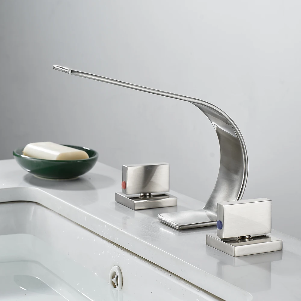 Imagem -03 - Bakala-deck Montado Torneira Cachoeira Torneira Misturadora do Banheiro Alças Duplas Escova e Ouro Bica Larga Banheira Peças