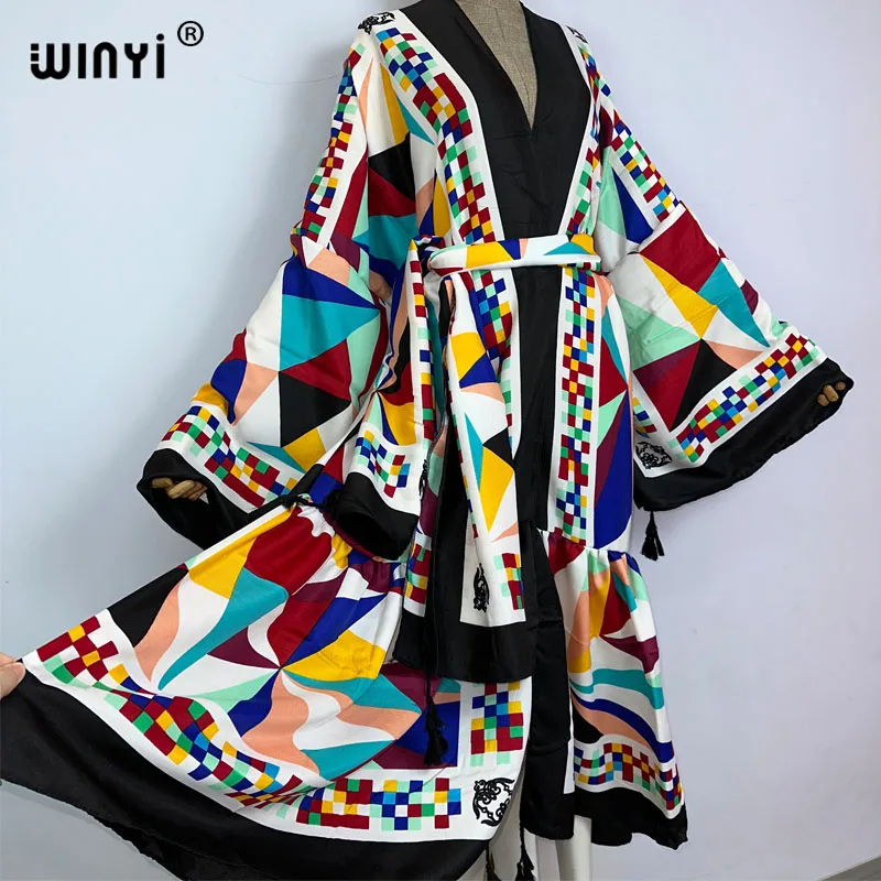 2022 WINYI jesień kobiety kimono moda elegancki Vintage drukowanie boho Kaftan talia seal sukienka abaya z długim rękawem Casual Kaftan