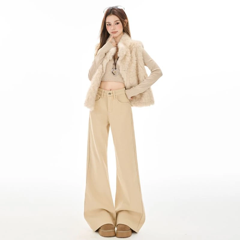 ZHISILAO Winter Fur Flare Jeans Women Vintage Casual Warm Thick Cotton Stretch Khaki Denim Pants 2025