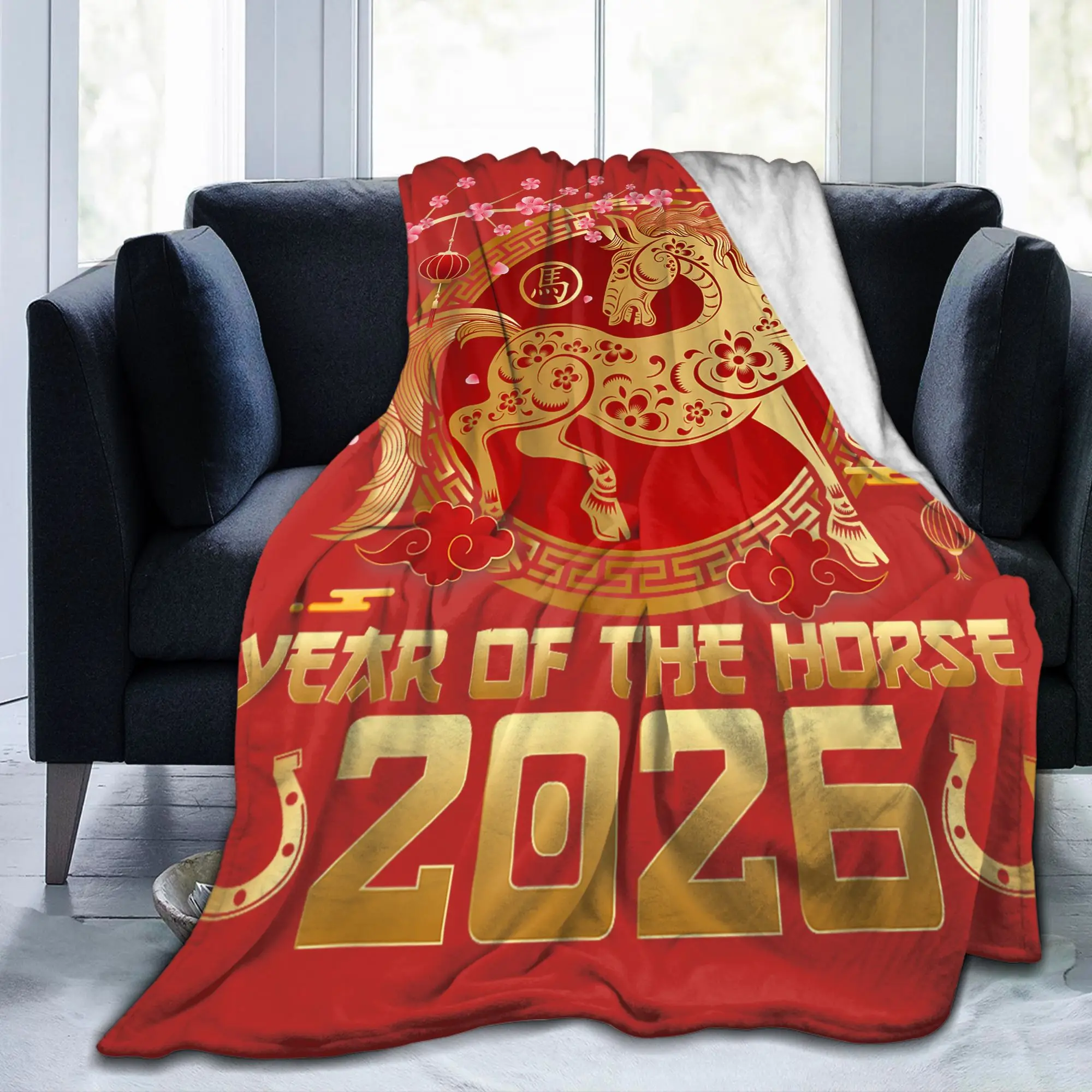 Lunar New Year 2026 Chinese-Style Knitted Blanket Flannel Year of The Horse Soft Throw Blankets Bedspread Quilt Multi-function