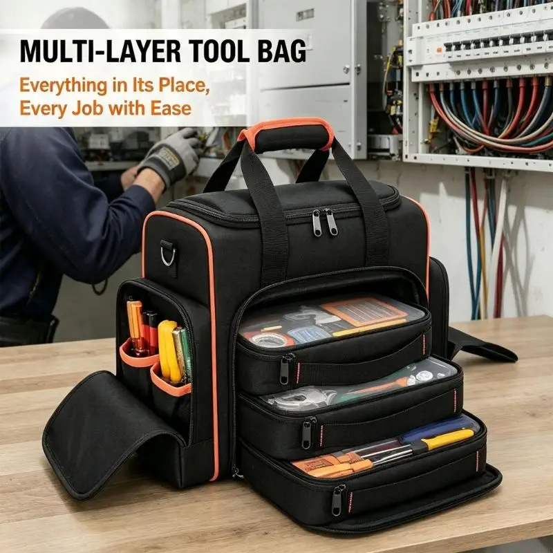 Fabric Tool Storage Bag with 3 Clear-Lid Parts Cases, Two Exterior Tool Pockets, Front Retention Bands and Padded Carry M4YD