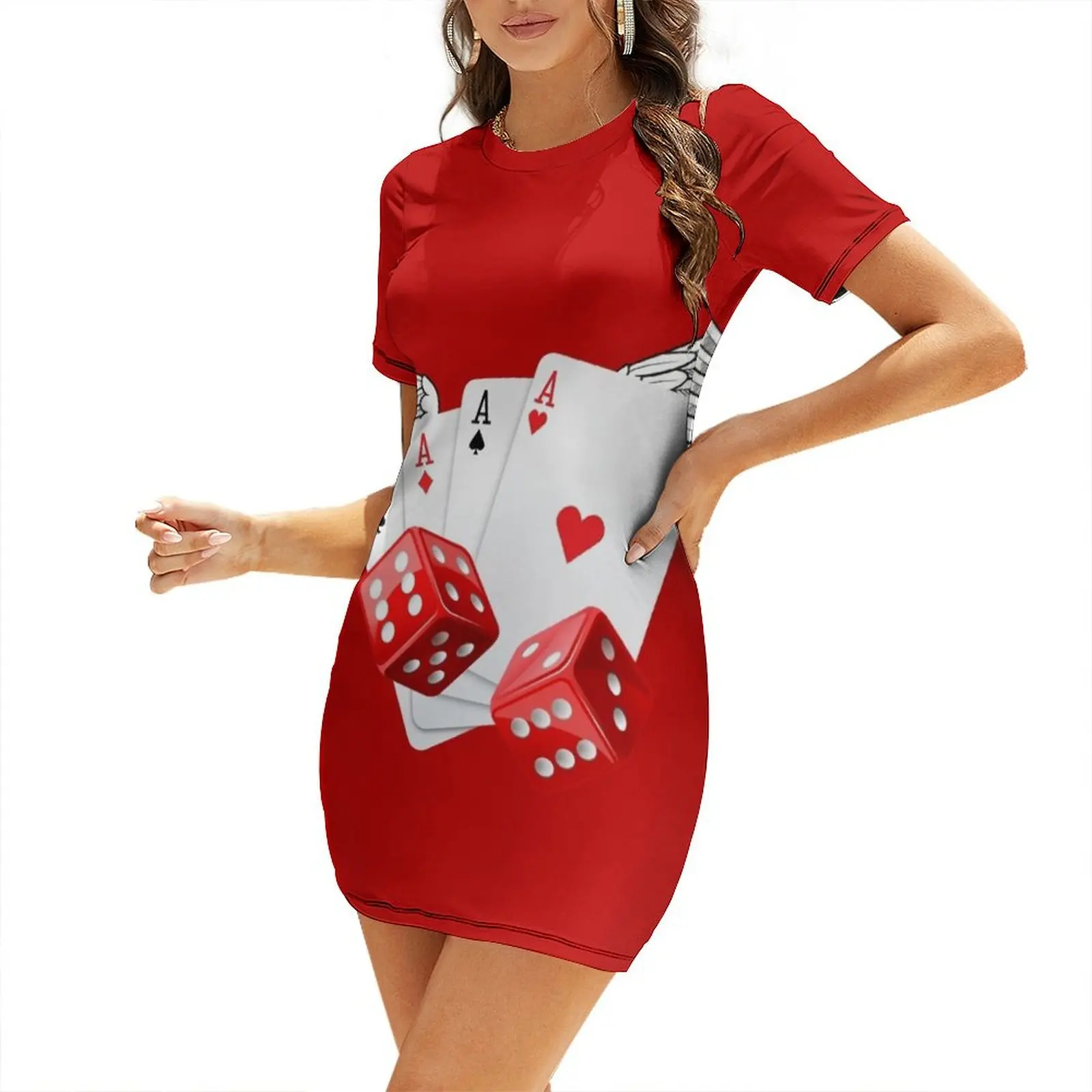 Ace Poker cards with wings and dice. Short Sleeved Dress luxury women's party dress evening prom beach dresses