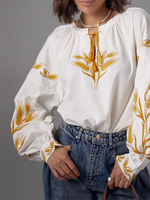 Vintage  Ethnic Style Panelled Shirt Lace Up O Neck Embroidery Lantern Blouses Western Loose Casual All-match Blusa Lady Outwear