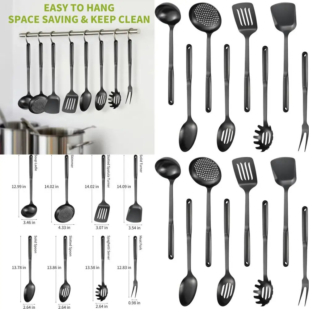 

Набор кухонной утвари из нержавеющей стали 304 черного цвета из 8 предметов со скиммером, ковшом, сердечником, лопаткой, ложкой, поворотом и вилкой