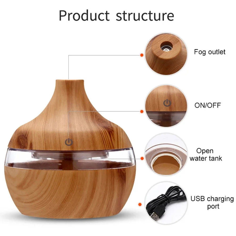 Electric  Air Humidifier ABS Essential Aroma Oil Diffuser Ultrasonic Wood Grain Room Desktop LED Light Mist Maker