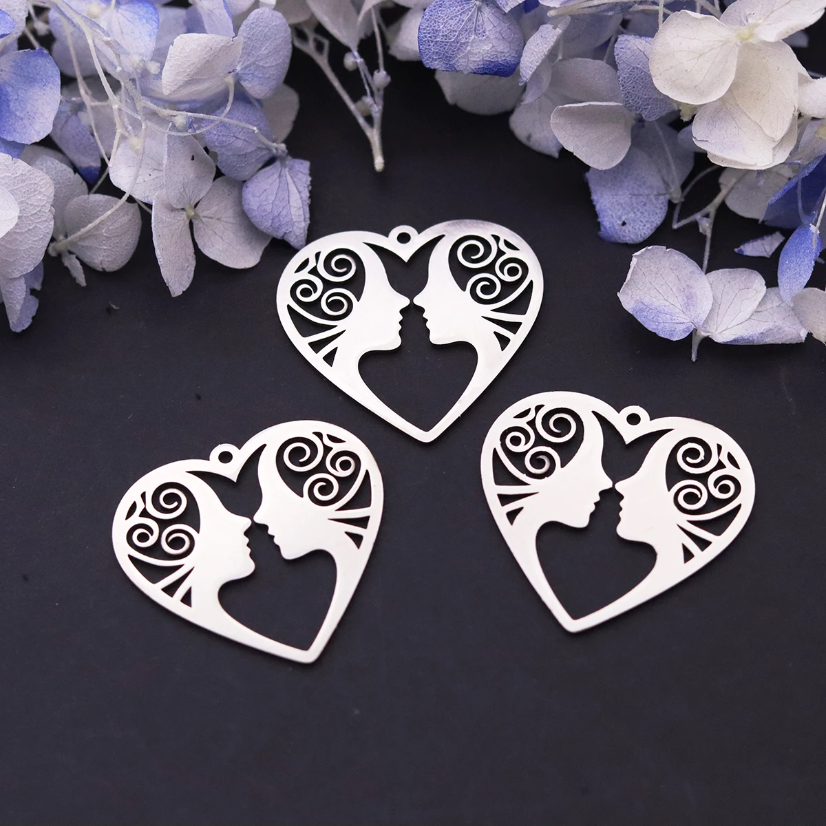 3pcs Stainless Steel Twin Ladies Profile Heart Charms Facing Women Pendants For Jewelry Making Earrings Necklace Accessories