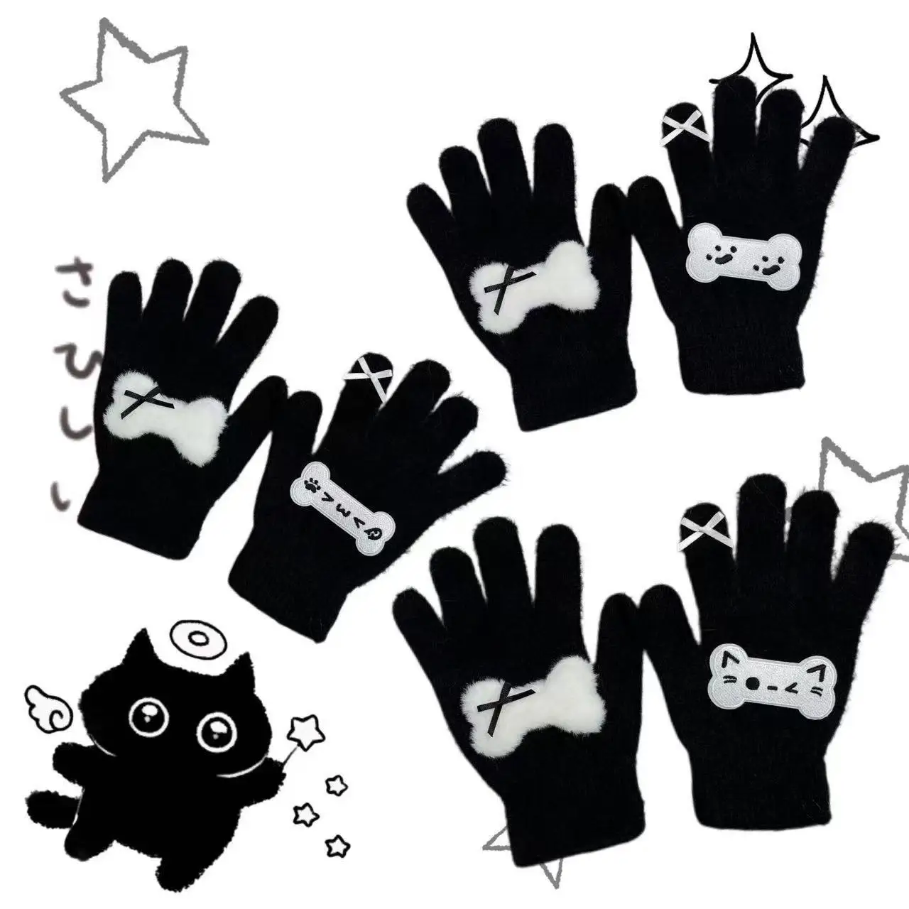 Cute Cat Bone Fullfinger Gloves Soft Furry Lining Warm Knitted Mittens for Y2K Subculture Sweet Cozy Gift for Girl