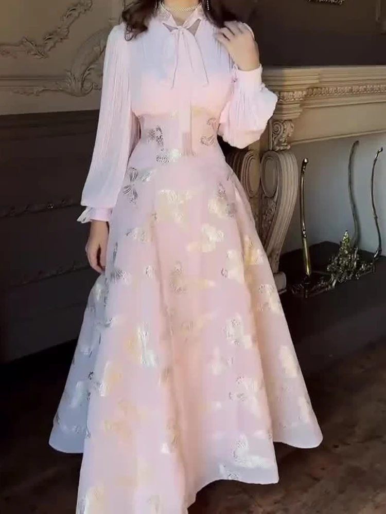 Vestido de fiesta drapeado con estampado de flores a la moda, elegante vestido de vacaciones con cordones y cuello en V, vestido largo bohe ajustado informal de manga larga para mujer