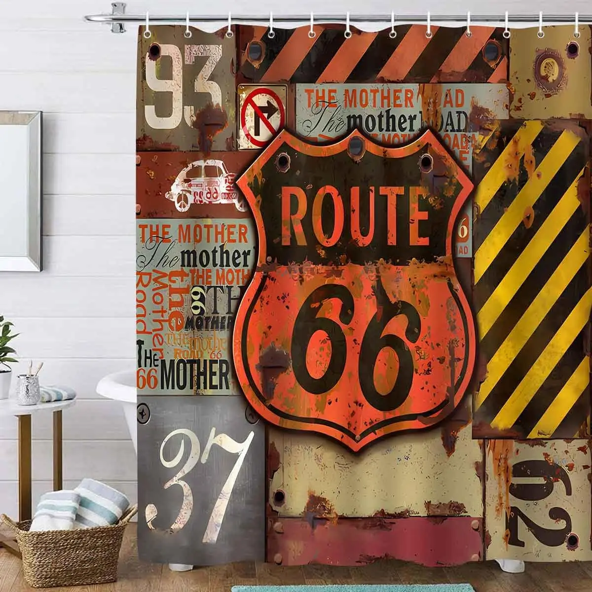 

American road sign highway shower curtain for bathroom decorative shower curtain, retro with 12 hooks 180x180cm