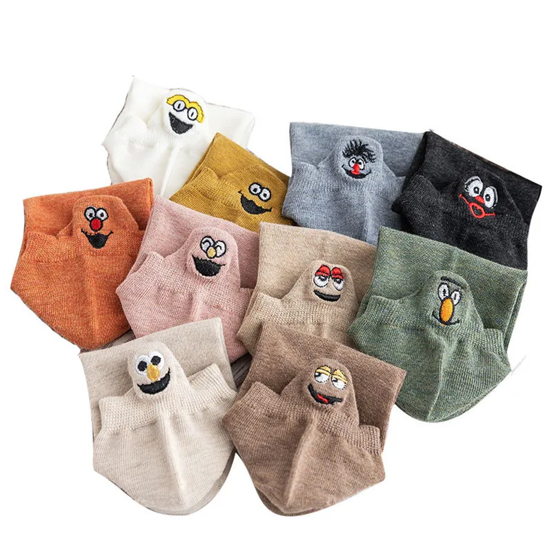 5 Pairs Spring Women's Ankle Socks Kawaii Cartoon Smile Face Embroidery Summer Funny Expression Cute Cotton Female Short Socks