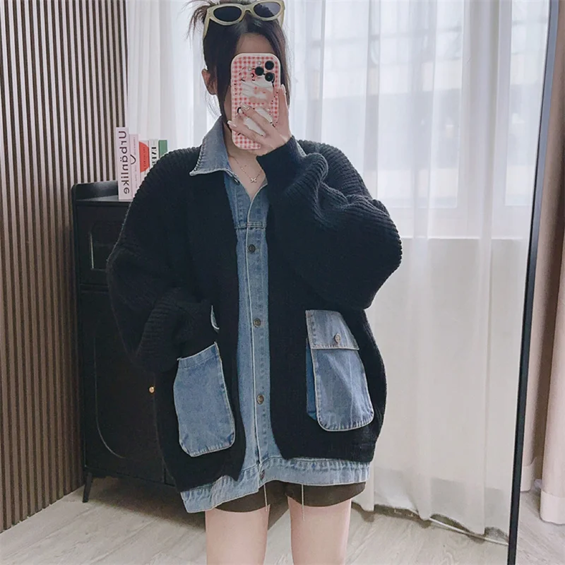 Korean version fake two-piece sweater jacket women 2024 autumn&winter new trend loose fitting patchwork denim open knit tops