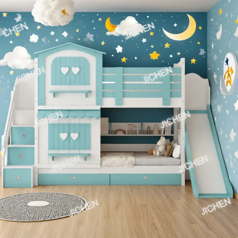JC Children's Bed Girl Bunk Bed Two-layer Pink Princess Wind Castle Bed Slide Bunk