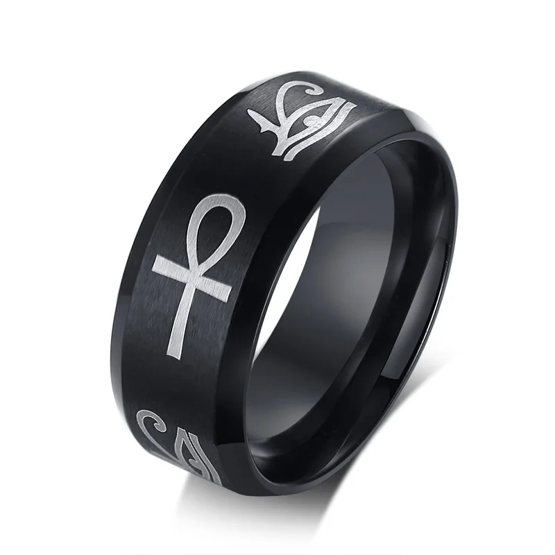 

Egyptian Men Ankh Ring Stainless Steel Black Color Eye Of Horus Fashion Wedding Band Key Of Life Anillos Anniversary Party Gifts