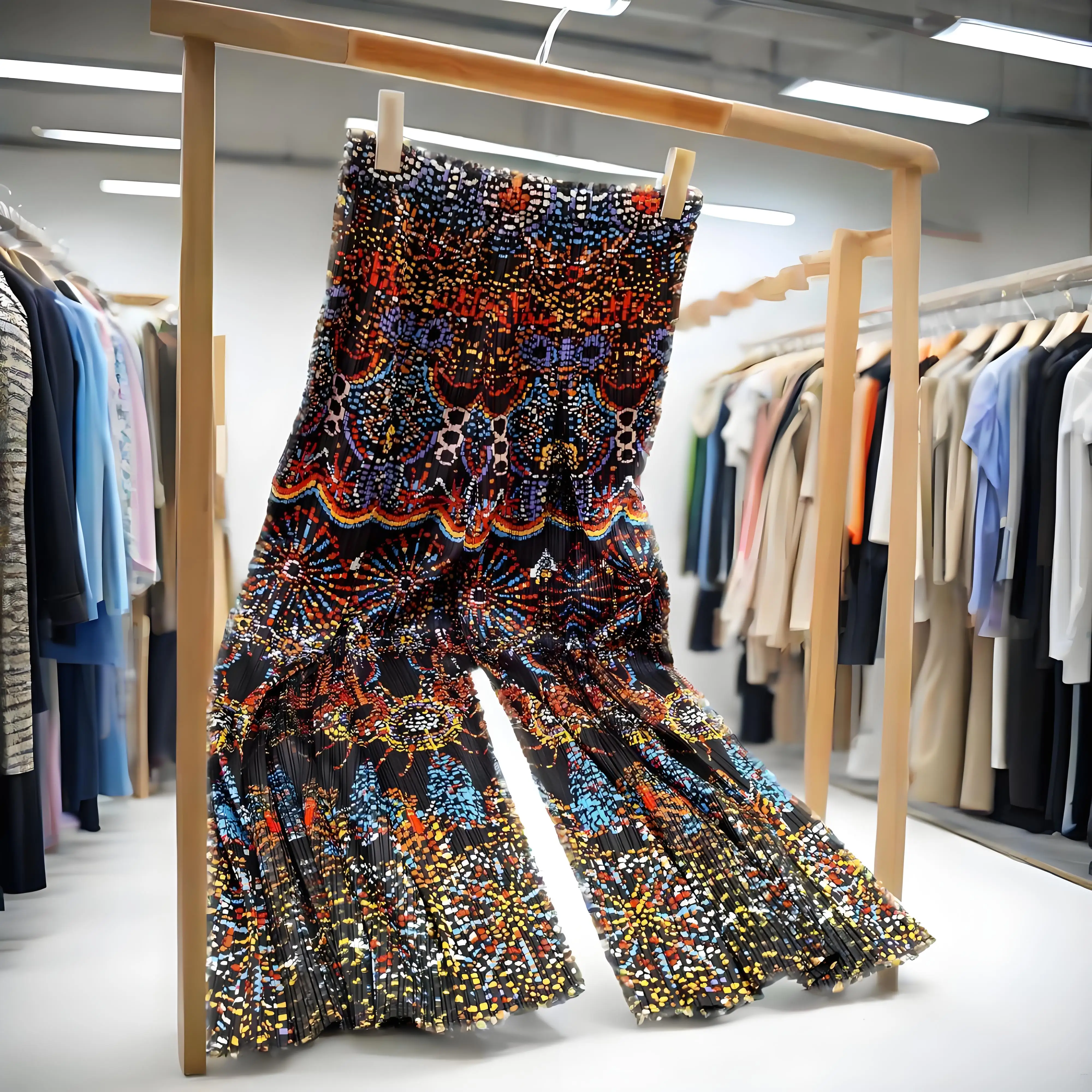 Miyake Summer Niche Design Sense Pleated Print Ethnic Style Wide-legged Pants Women Simple Casual Versatile Straight Long Women