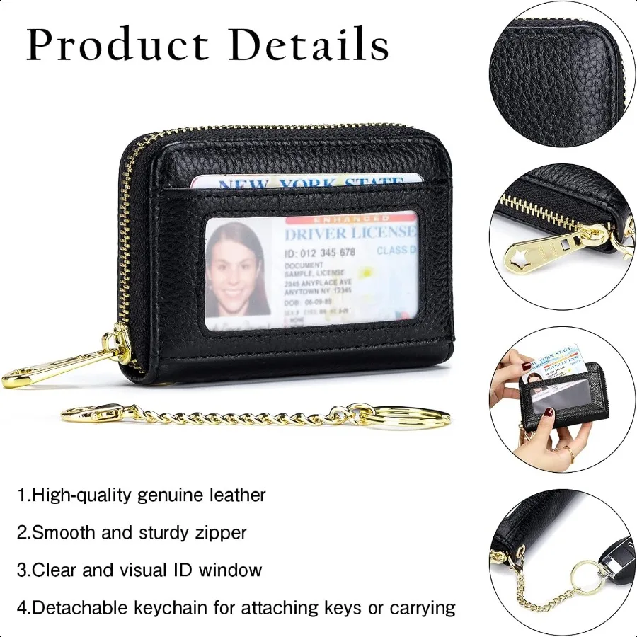 RFID Credit Card Holder Wallet with Keychain ID Window Small Leather Zipper Card Case for Women Horizontal 10 Slots Pink
