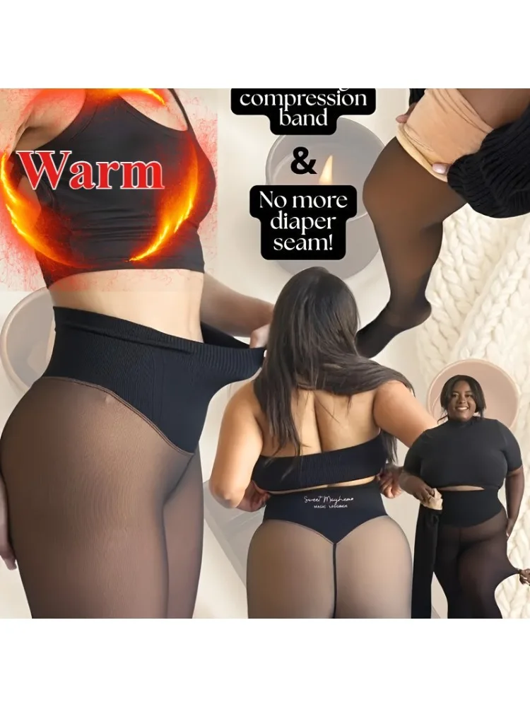 1 Stück Warme Thermo-Strumpfhose für Damen, Herbst-Winter, Übergröße, Fleece-gefüttert, Hochgeschnitten, Schwarz, Transparent, Einteilige Leggings