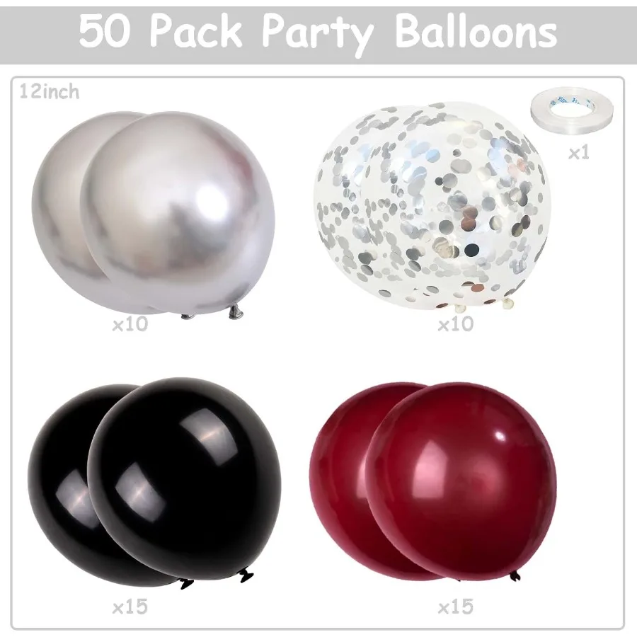 Ballons bordeaux noir argent vin rouge noir ballon de fête marron métallique Chrome argent ballons et confettis argentés hélium L
