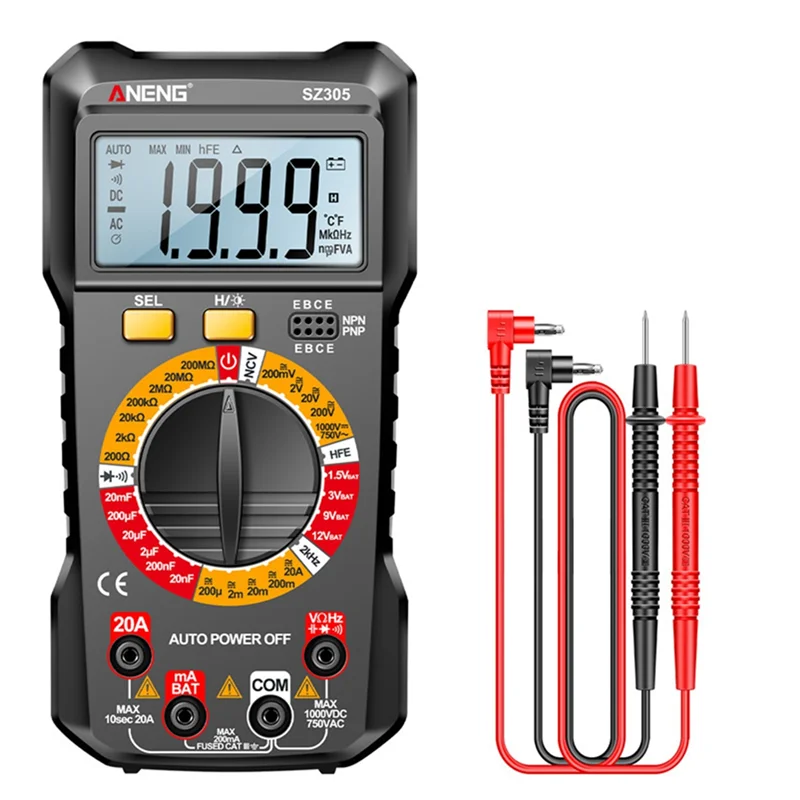 

DIDI SZ305 1999 Counts Multimeter Capacitor Testers Smart Voltmeter Voltage Current Resistance Ohm Test Tools Black