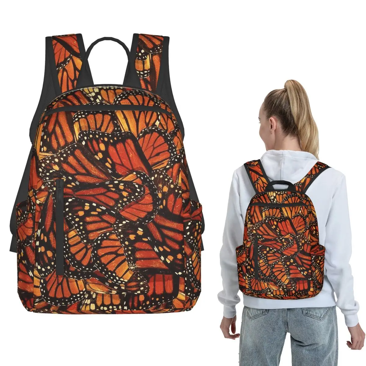 Orange Monarch Butterfly Backpack Large Capacity Boys Girls BookBag School Bag Shoulder Bags for Men Women