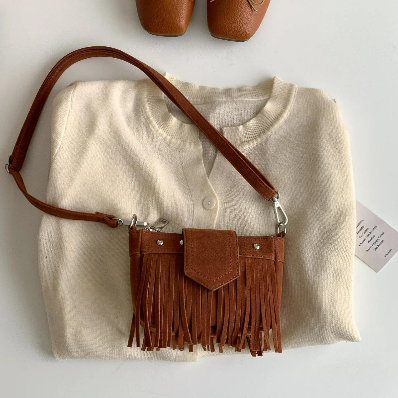 

Women Mini Simple Crossbody Bag Retro Brown Fringe Suede Shoulder Bag Fashion Comfortable and Versatile Texture Studded Bag