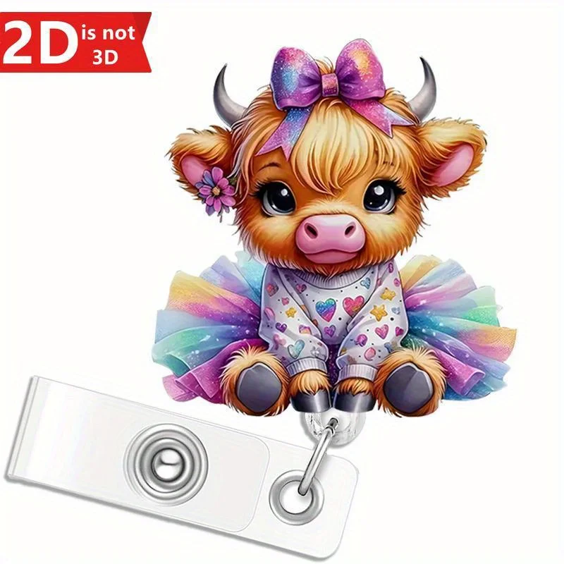 귀여운 하이랜드 소 배지 홀더 - 간호사, 교사, 사무직을 위한 2D 아크릴 ID 클립.