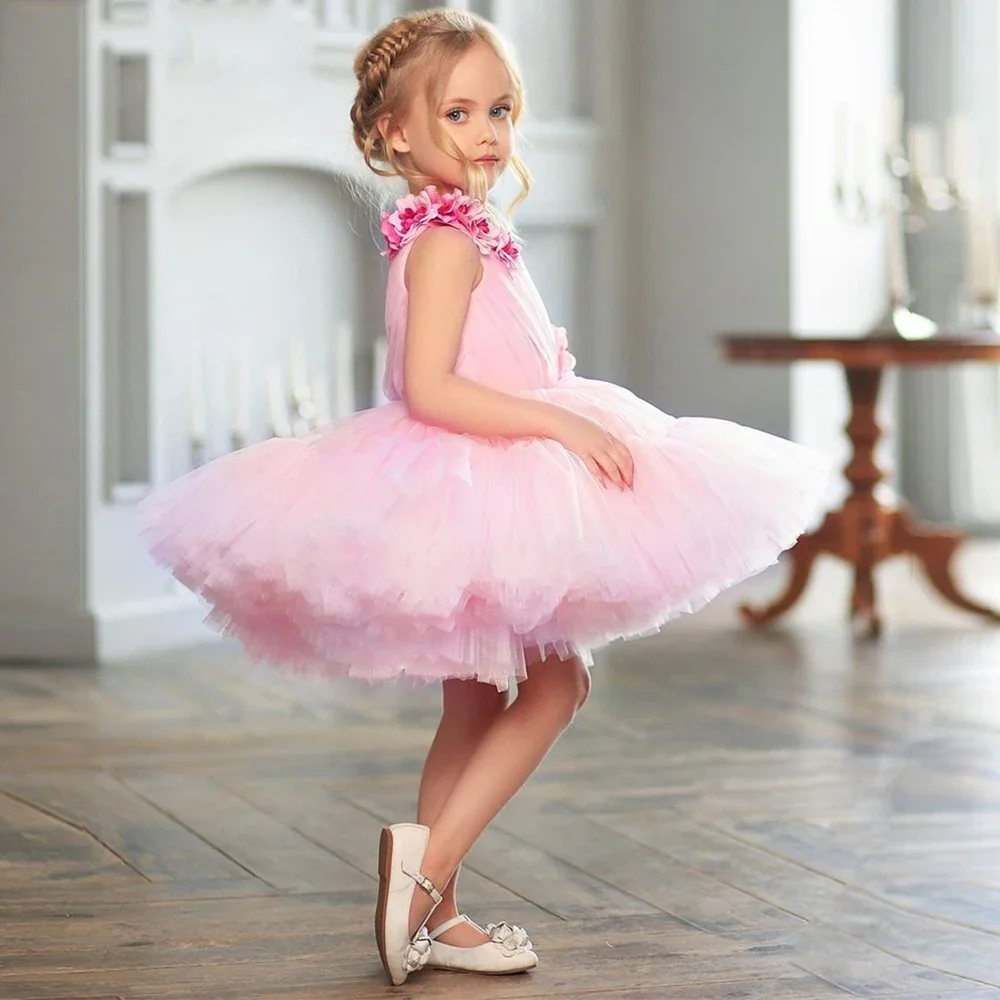 

A Line Fluffy Flower Girl Dresses Pink with Flower Knee Length Baby Birthday Dress Custom New Summer Sleeveless Dress Princess