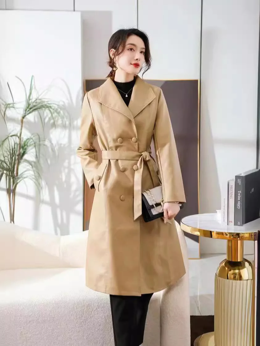 New women\'s trench coat for autumn/winter 2024 in Haining, China, made of genuine leather, women\'s long length, knee over sheeps