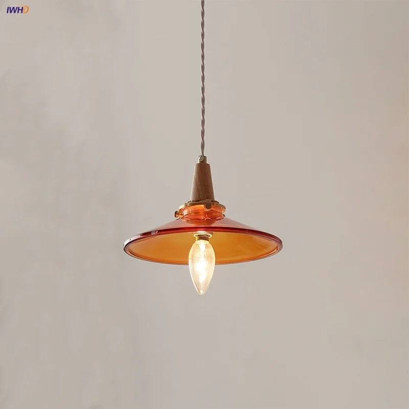 

IWHD Wood Amber Glass LED Pendant Light Fixture Living Room Bedside Coffee Indoor Home Decor Nordic Modern Hanging Lamp Lamparas