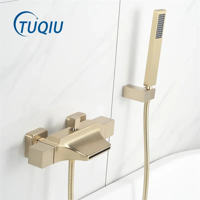 

Brushed Gold Bathtub Shower Set Wall Mounted Gold Waterfall Faucet, Cold and Hot Bath and Mixer Tap Brass