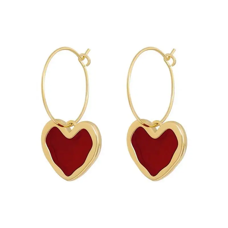 Korean-Style Fashionable Burgundy Heart Earrings, Simple And Elegant, Trendy And Wild Personality Jewelry image 6