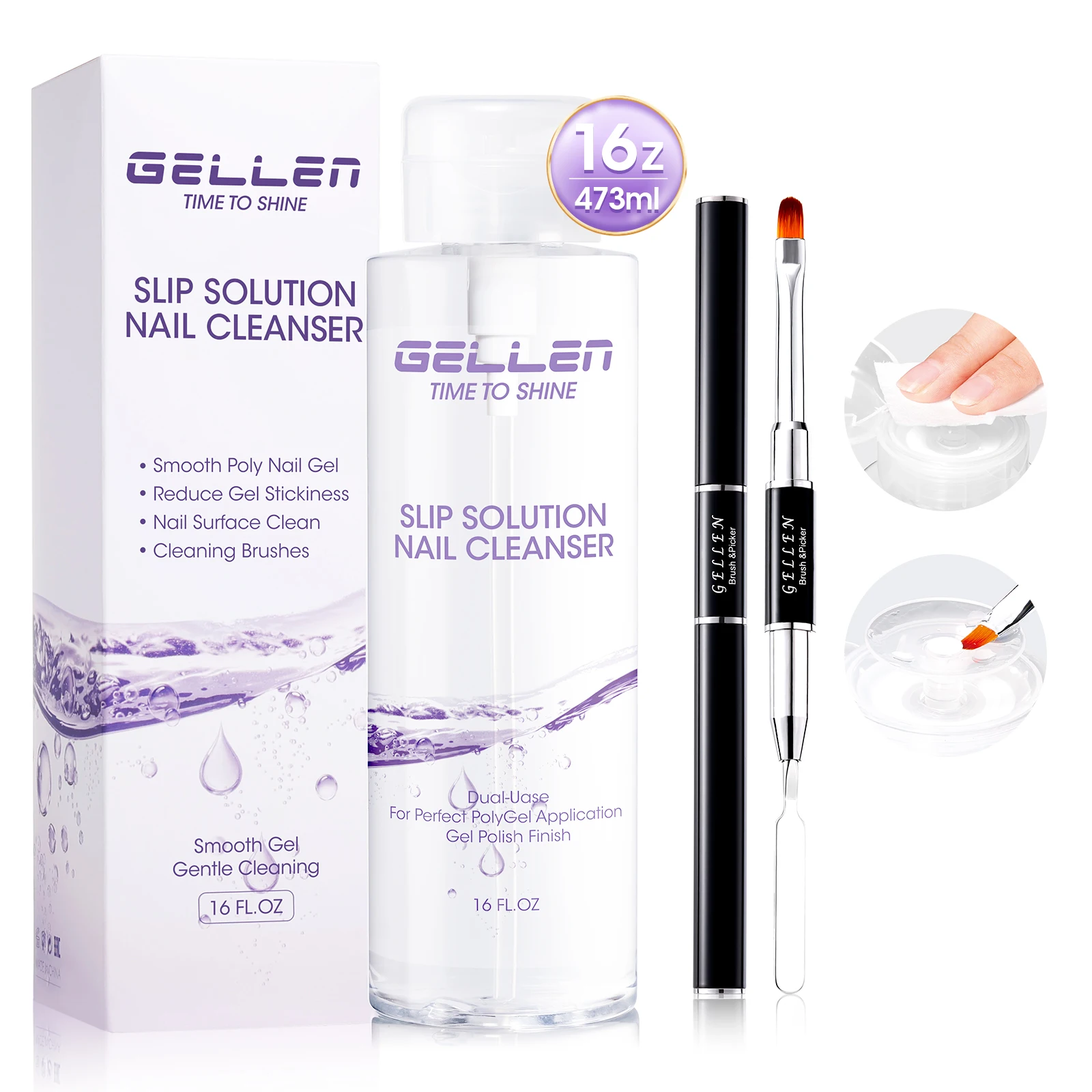 Polygel Slip Solution 473ml Anti Stick Liquid Nail Cleanser Pump Bottle with Nail Brush Professional Nail Extension Gel Remover