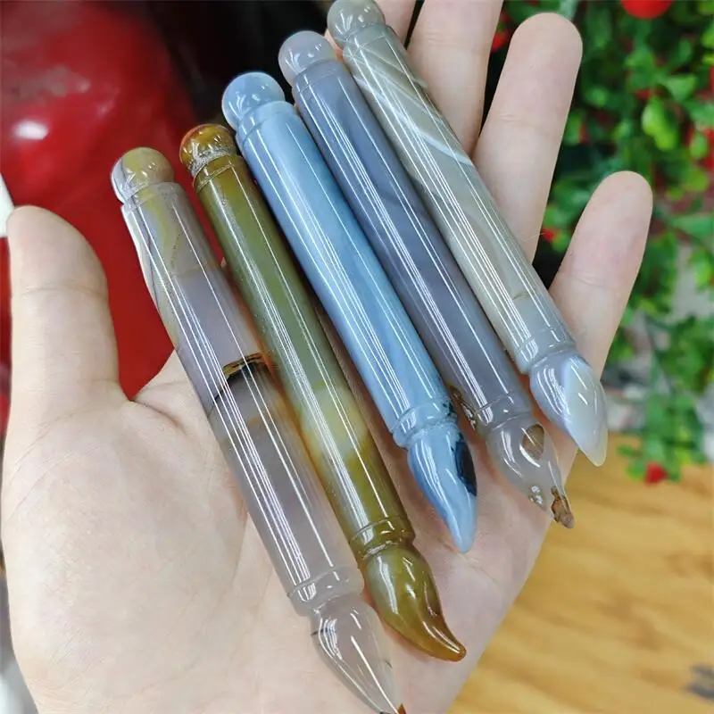 Natural Lagate Ink Brush Carving Crystal Love Healing Fengshui Gemstones HomeDecoration Holiday Gift 1PCS