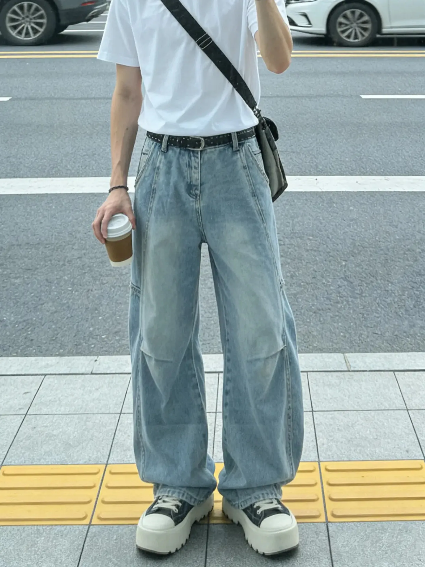 

Cleanfit Light Blue Washed Knife Jeans Men's American High Street Structured Patchwork Straight Leg Wide Leg Workwear Pants